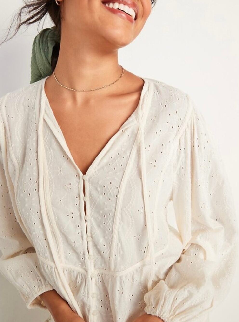 Old Navy Cream Embroidered Tie-Neck Blouse Balloon Sleeve Women’s Size L Peplum